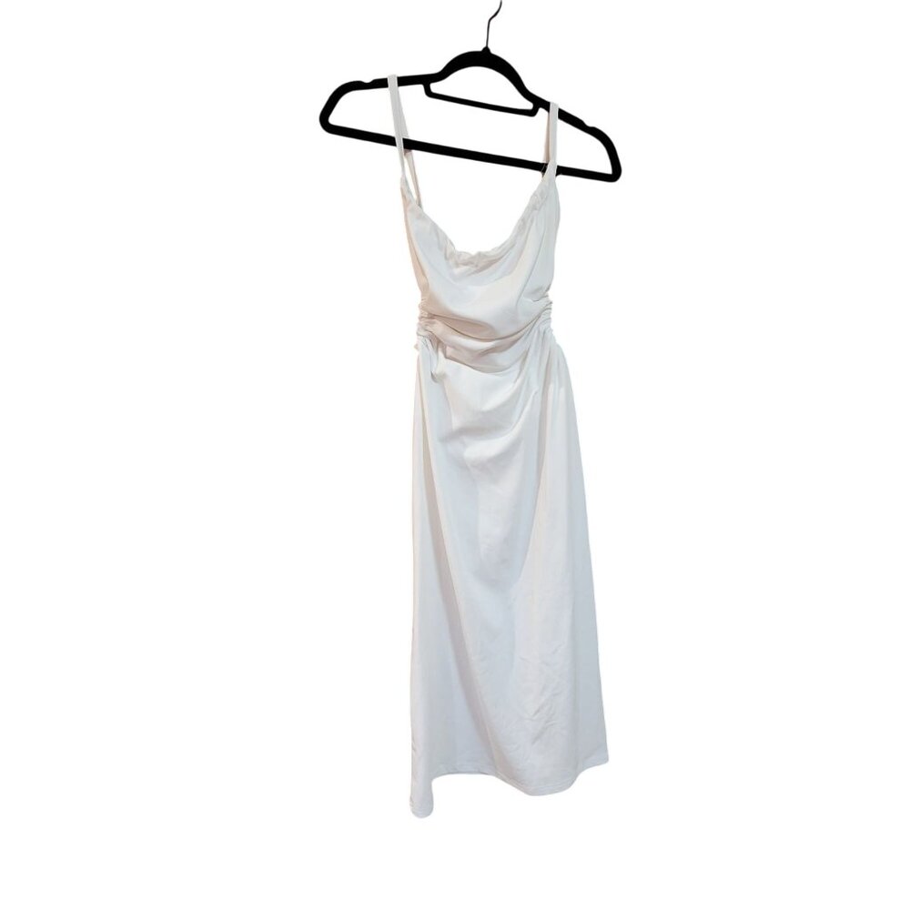 White Ruched Midi Dress With Spaghetti Straps & Open Back Design
